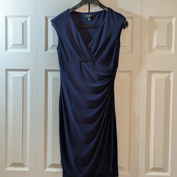 Lauren Ralph Lauren Faux Wrap Dress Blue Sleeveless - Picture 1 of 11